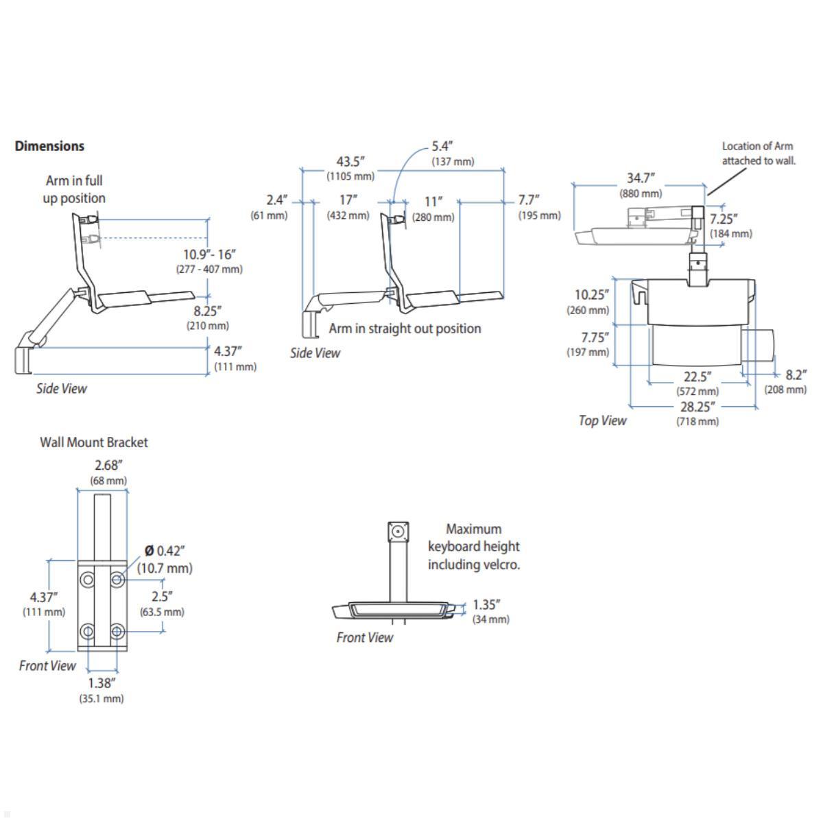 Steh Sitz Kombisystem von Ergotron 45-595-026, Technische Zeichnung Steh Sitz Kombisystem von Ergotron 45-595-026, Technische Zeichnung