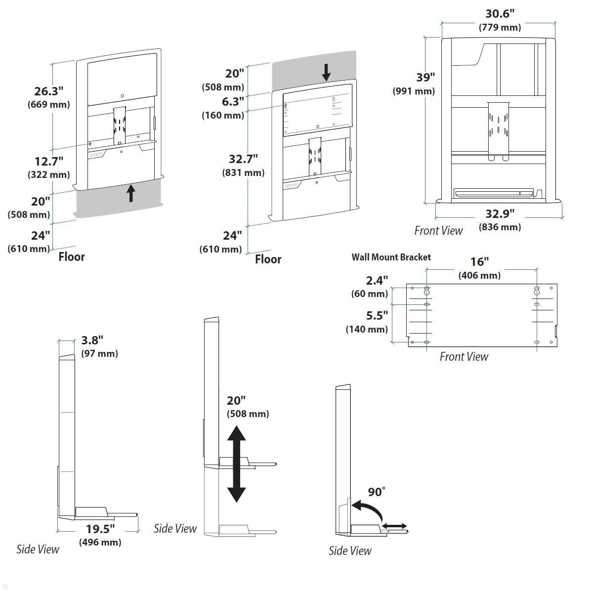 Ergotron CareFit PC Wandarbeitsplatz mit Gehäuse, schwarz (61-367-060), Maße Ergotron CareFit PC Wandarbeitsplatz mit Gehäuse, schwarz (61-367-060), Maße
