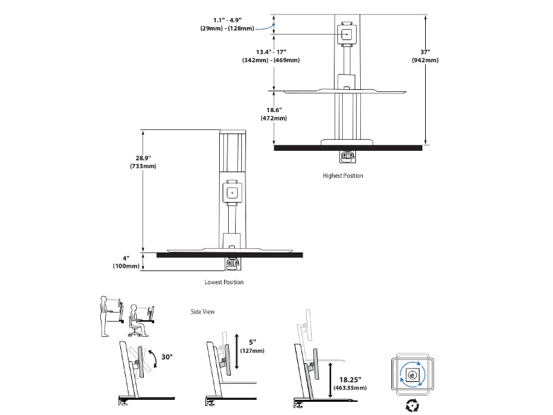 Ergotron 33-415-062 WorkFit SR Workstation Zeichnung 2