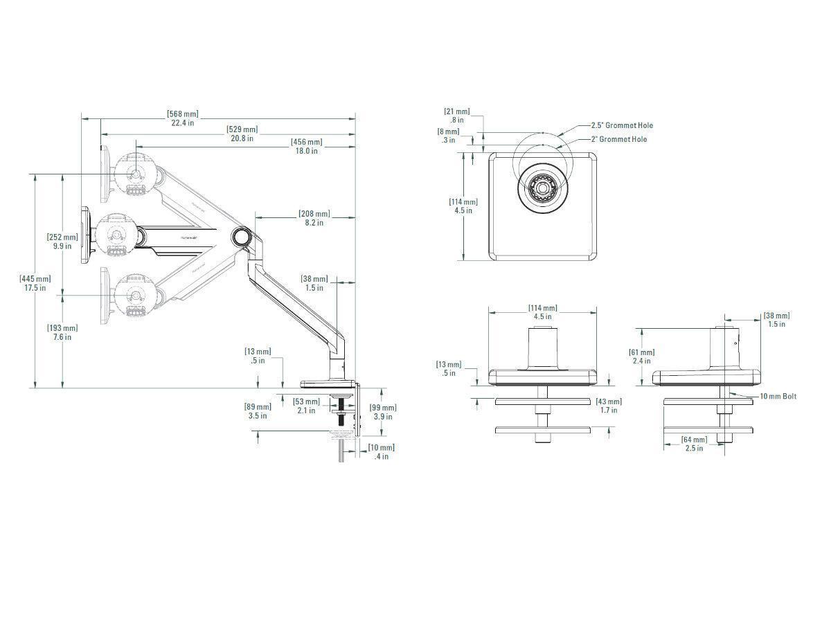 Humanscale M2.1 Monitor Durchtisch Monitorhalterung gerade, silber Technische Zeichnung
