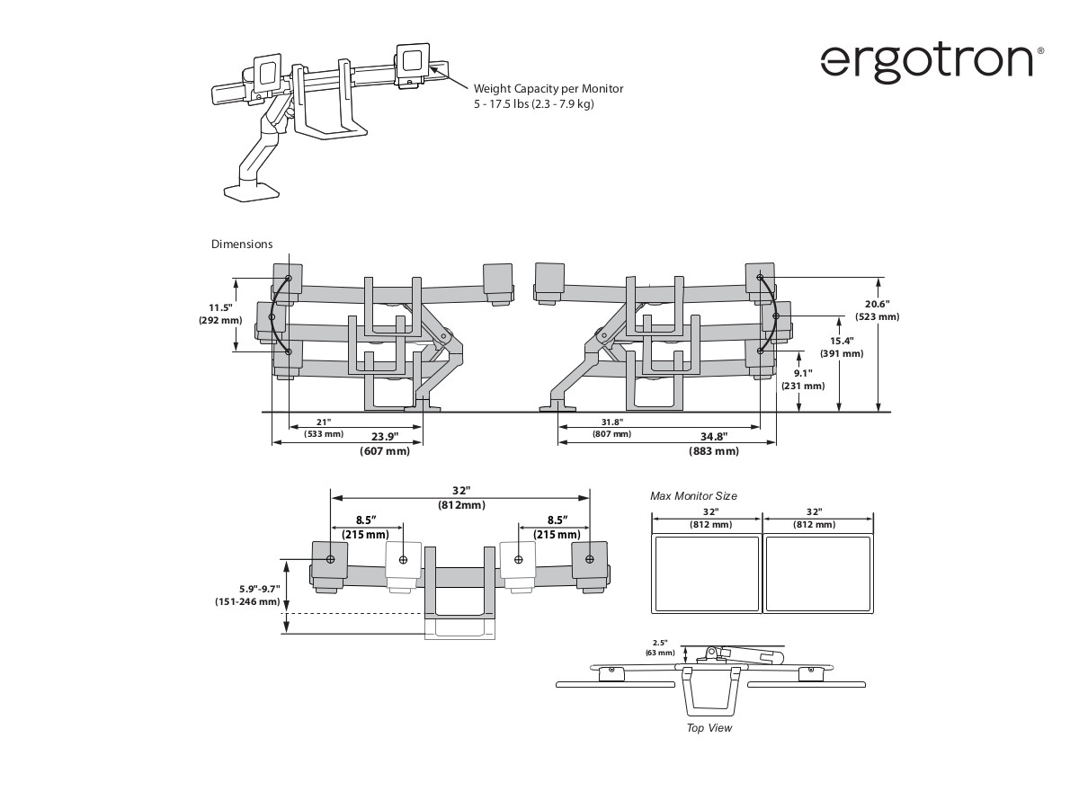Ergotron HX Dual Tisch Monitorhalterung für USM Tisch, weiß (46-477-217) technische Zeichnung Ergotron HX Dual Tisch Monitorhalterung für USM Tisch, weiß (46-477-217) technische Zeichnung