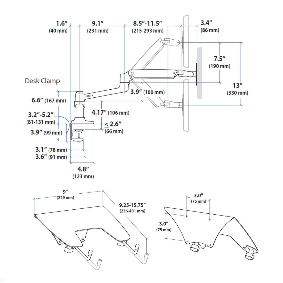 Monitor und Laptop Halterung Ergotron 45-591-216, Zeichnung Monitor und Laptop Halterung Ergotron 45-591-216, Zeichnung