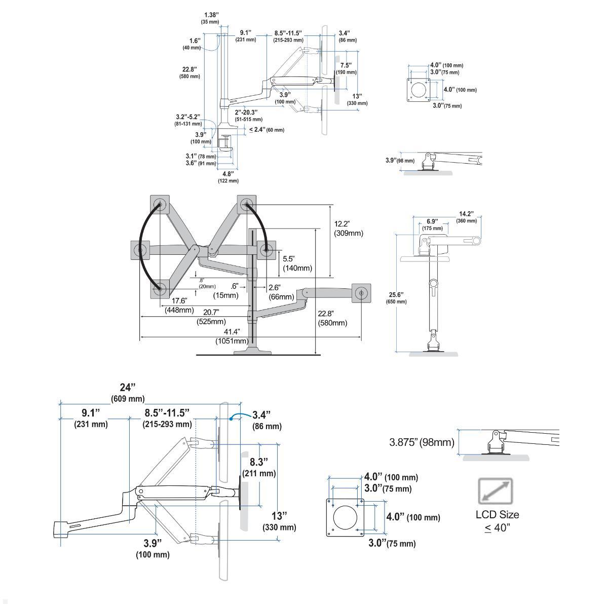 Ergotron LX Monitorhalterung für 3 Monitore 40 Zoll, silber (45-549-0263), technische Zeichnung Ergotron LX Monitorhalterung für 3 Monitore 40 Zoll, silber (45-549-0263), technische Zeichnung