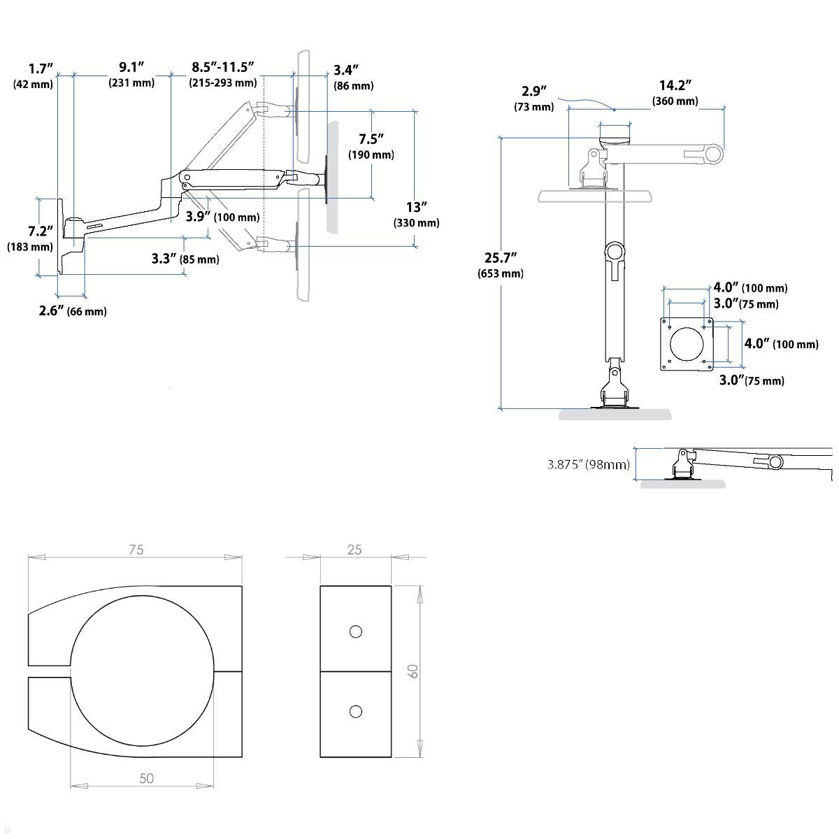 Ergotron LX Arm Monitorhalterung für Rohre / Säulen 46-50 mm, silber, technische Zeichnung Ergotron LX Arm Monitorhalterung für Rohre / Säulen 46-50 mm, silber, technische Zeichnung