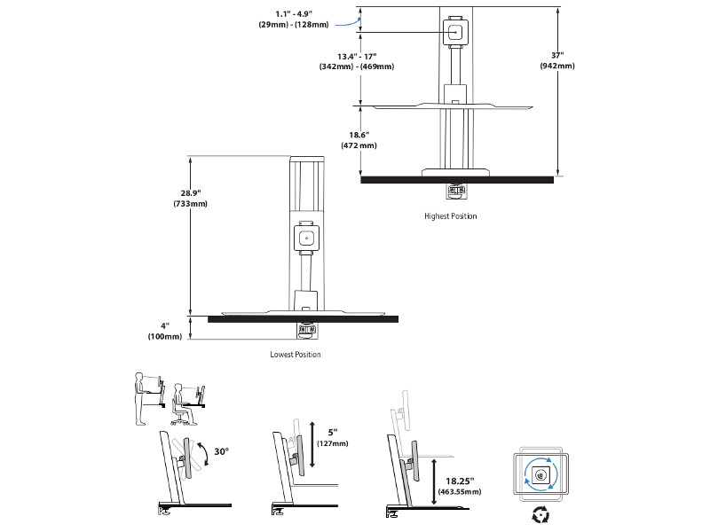 Ergotron 33-416-062 WorkFit SR Sit-Stand Workstation Zeichnung 2