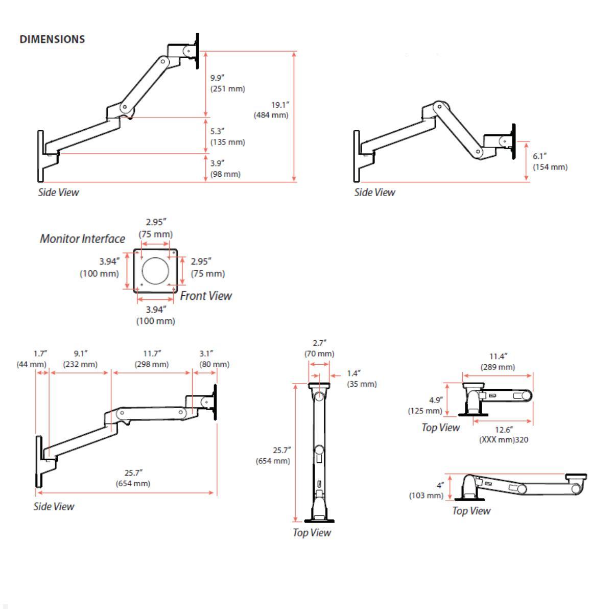 Ergotron LX Pro System Wandarbeitsplatz (45-696-293) bis 34 Zoll, Maße Ergotron LX Pro System Wandarbeitsplatz (45-696-293) bis 34 Zoll, Maße
