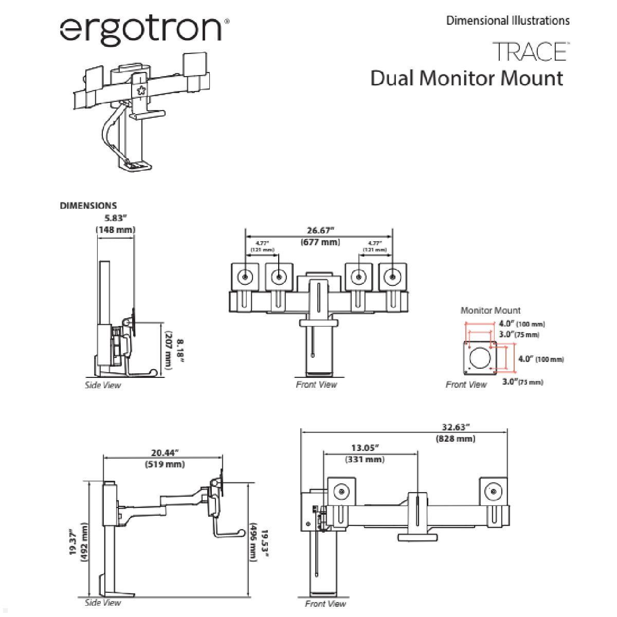 Ergotron TRACE Dual Monitor Tischhalterung (45-631-216), weiß technische Zeichnung Ergotron TRACE Dual Monitor Tischhalterung (45-631-216), weiß technische Zeichnung