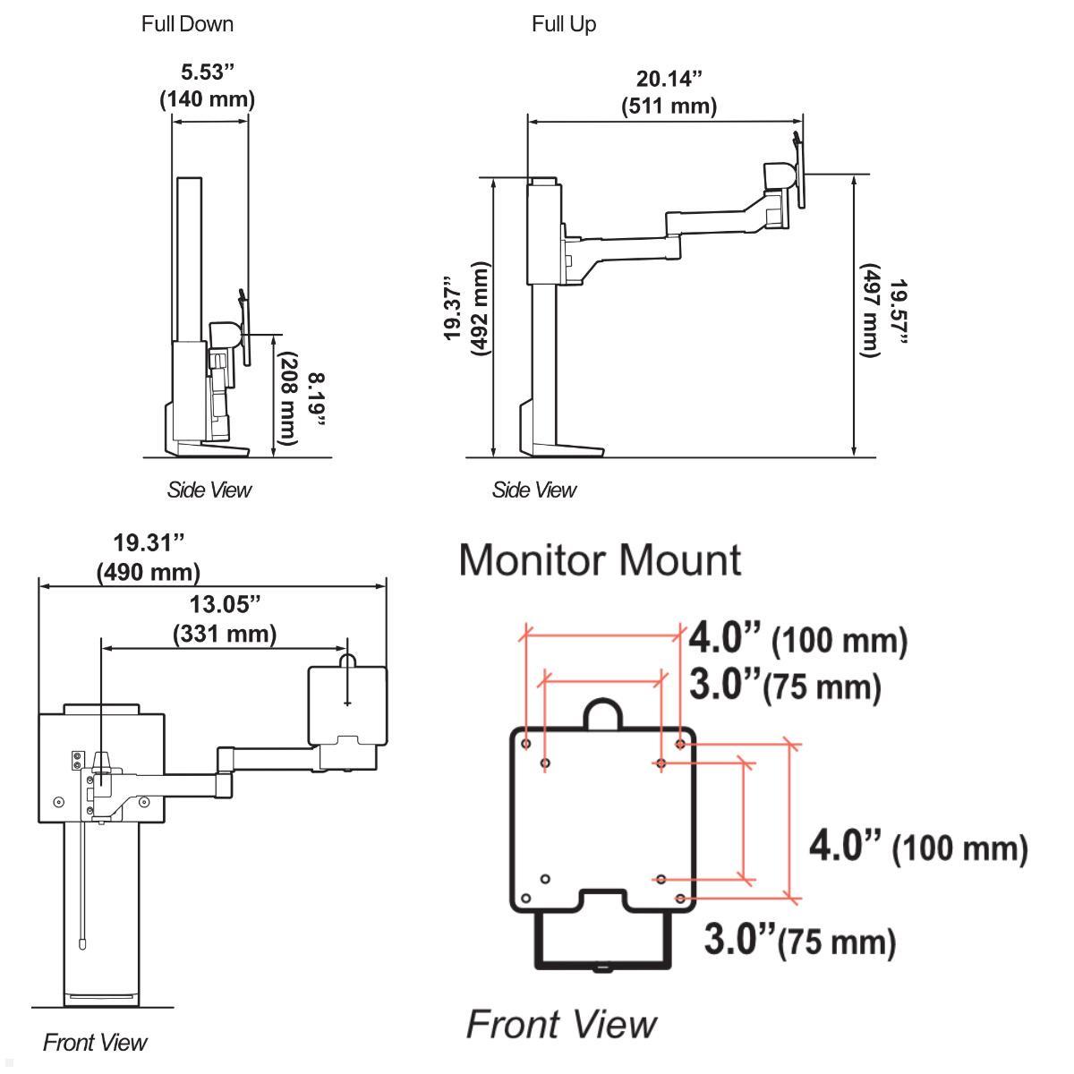 Ergotron TRACE Monitor Tischhalterung, weiß (45-630-216), technische Zeichnung Ergotron TRACE Monitor Tischhalterung, weiß (45-630-216), technische Zeichnung