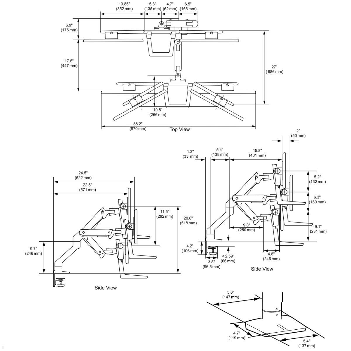 Ergotron HX Dual Monitorhalterung für USM Tisch, schwarz (46-477-225), technische Zeichnung Ergotron HX Dual Monitorhalterung für USM Tisch, schwarz (46-477-225), technische Zeichnung
