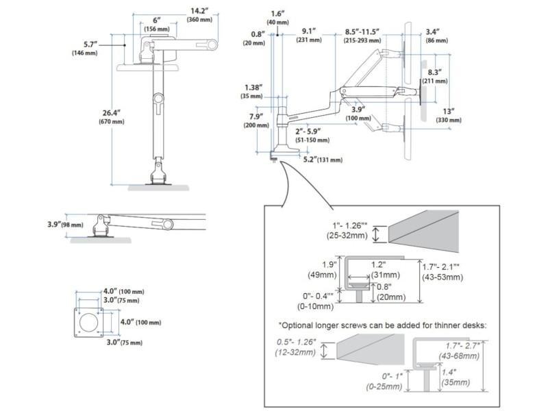Ergotron LX Arm Monitor Tischhalterung mit C-Klemme (45-503-216) Maße Ergotron LX Arm Monitor Tischhalterung mit C-Klemme (45-503-216) Maße