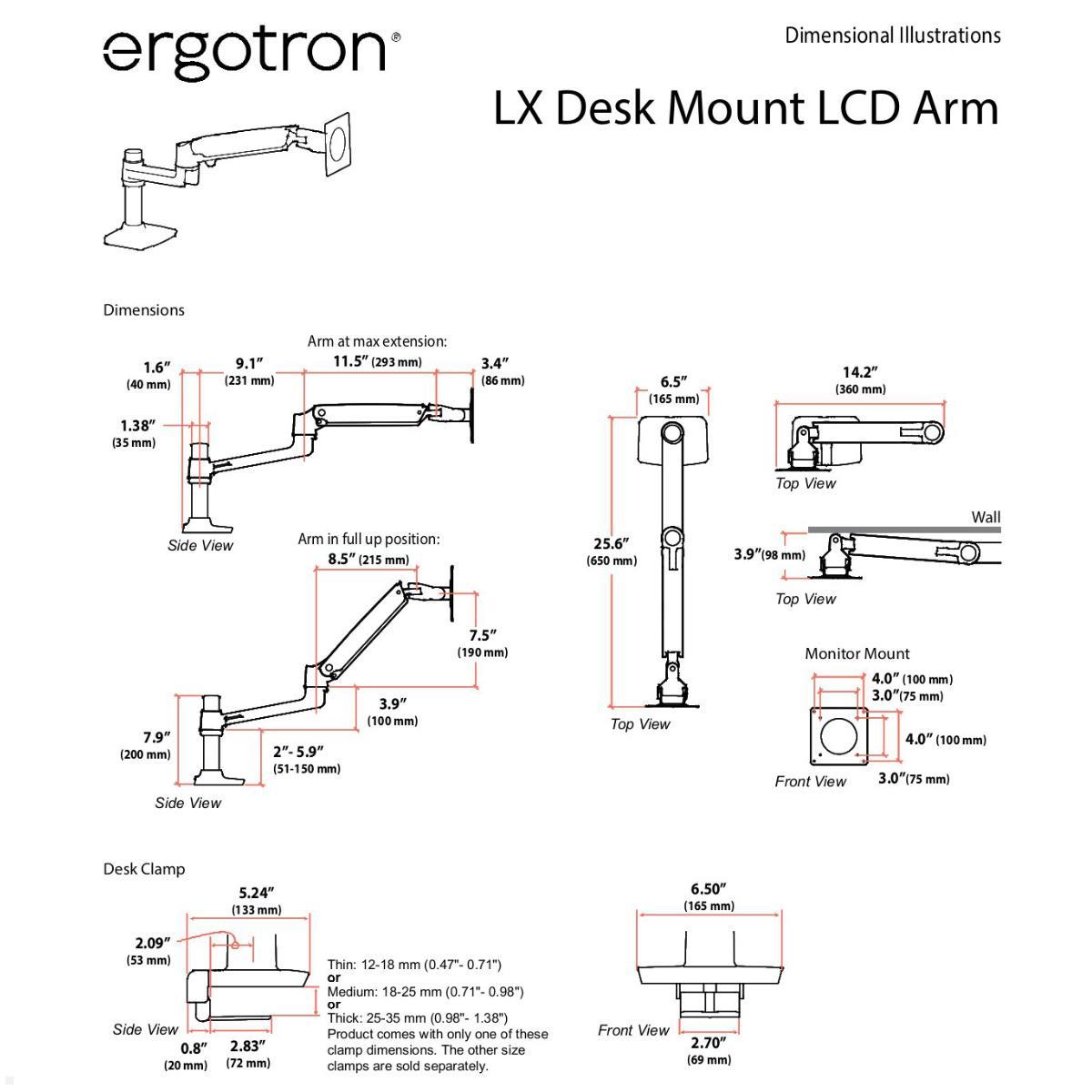 Ergotron LX Monitor Tischhalterung mit C-Klemme (45-608-224), Technische Zeichnung Ergotron LX Monitor Tischhalterung mit C-Klemme (45-608-224), Technische Zeichnung