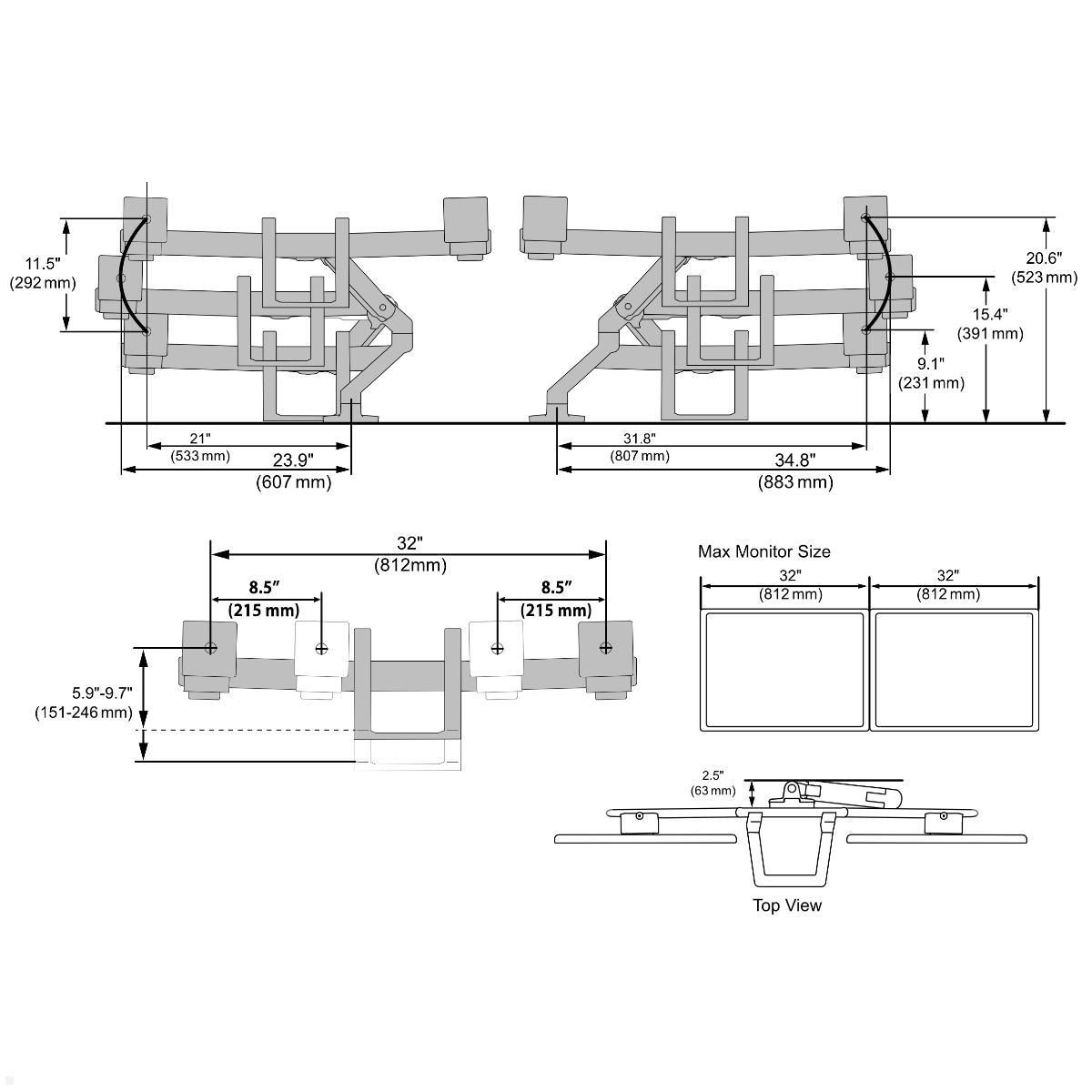 Ergotron HX Dual Monitorhalterung für USM Tisch, schwarz (46-477-225), Abmessungen Ergotron HX Dual Monitorhalterung für USM Tisch, schwarz (46-477-225), Abmessungen