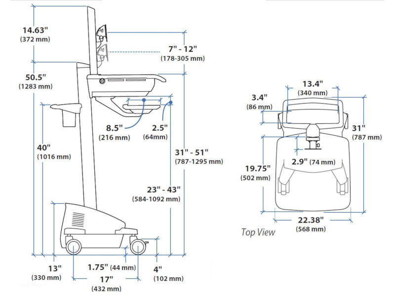 Ergotron StyleView EMR-Fahrwagen mit Display Halter, Stromversorgung (SV42-6302-2) Maße Ergotron StyleView EMR-Fahrwagen mit Display Halter, Stromversorgung (SV42-6302-2) Maße
