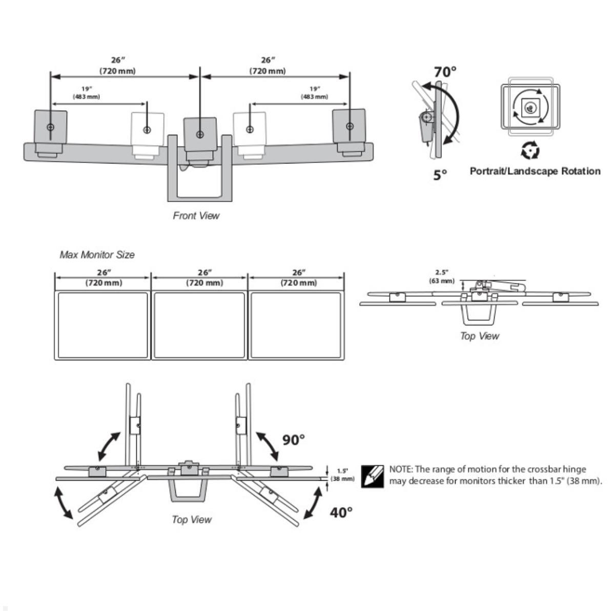 Ergotron HX Arm Monitorhalterung für 3 Monitore (45-475-324), Zeichnung