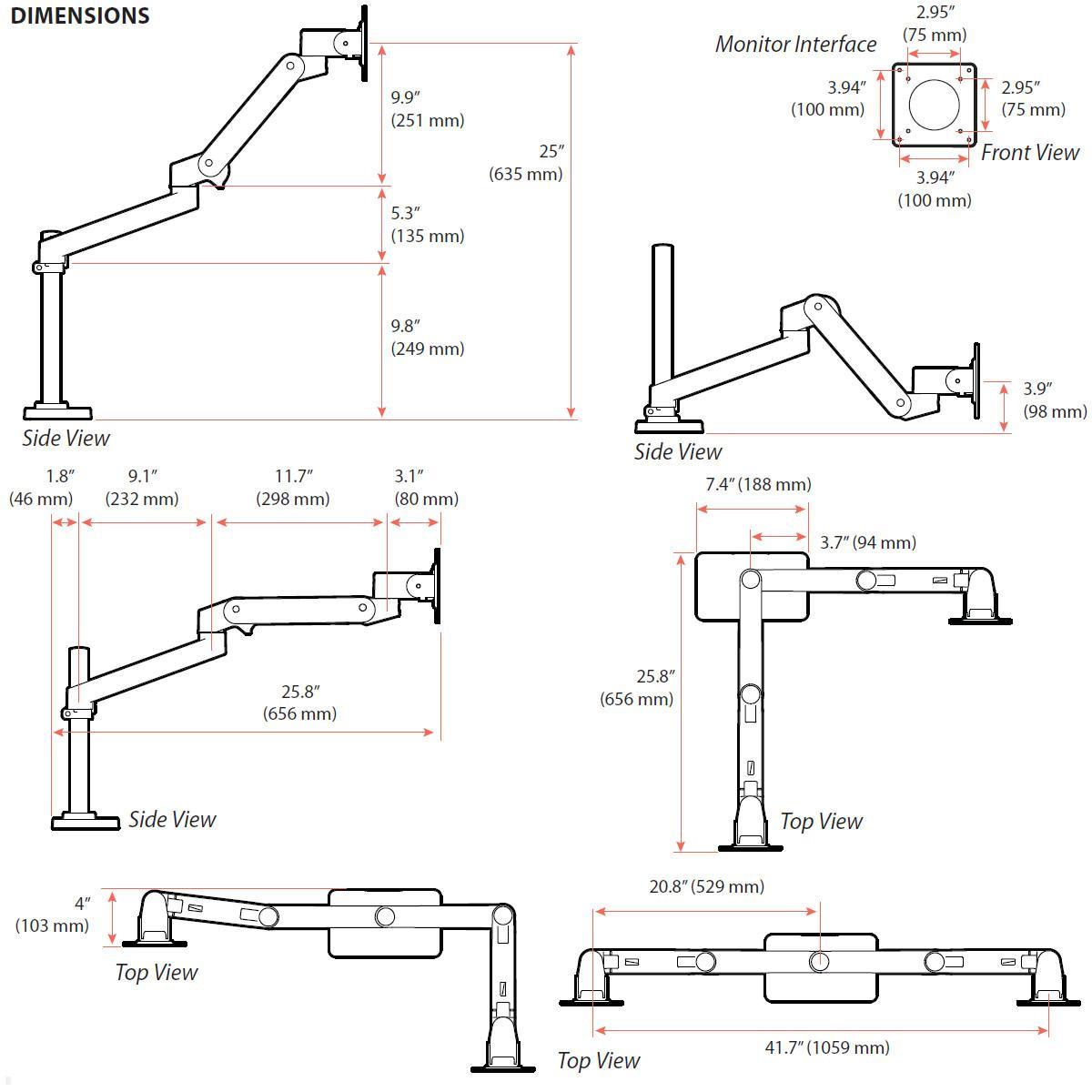 Ergotron LX Pro dual Monitorhalterung Durchtisch, hohe Säule, Maße