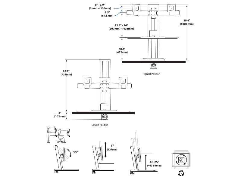 Ergotron 33-407-085 WorkFit SR Sit-Stand Zeichnung 2