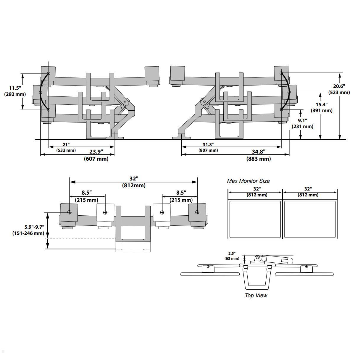 Ergotron HX dual Monitor Tischklemme bis 32 Zoll, weiß (45-611-216) Maße Ergotron HX dual Monitor Tischklemme bis 32 Zoll, weiß (45-611-216) Maße