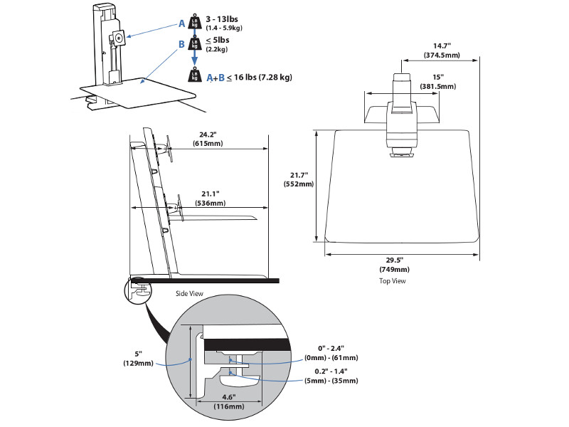 Ergotron 33-416-062 WorkFit SR Sit-Stand Workstation Zeichnung 1