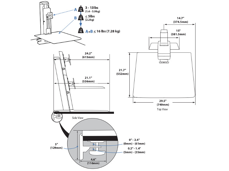 Ergotron 33-415-062 WorkFit SR Workstation Zeichnung 1