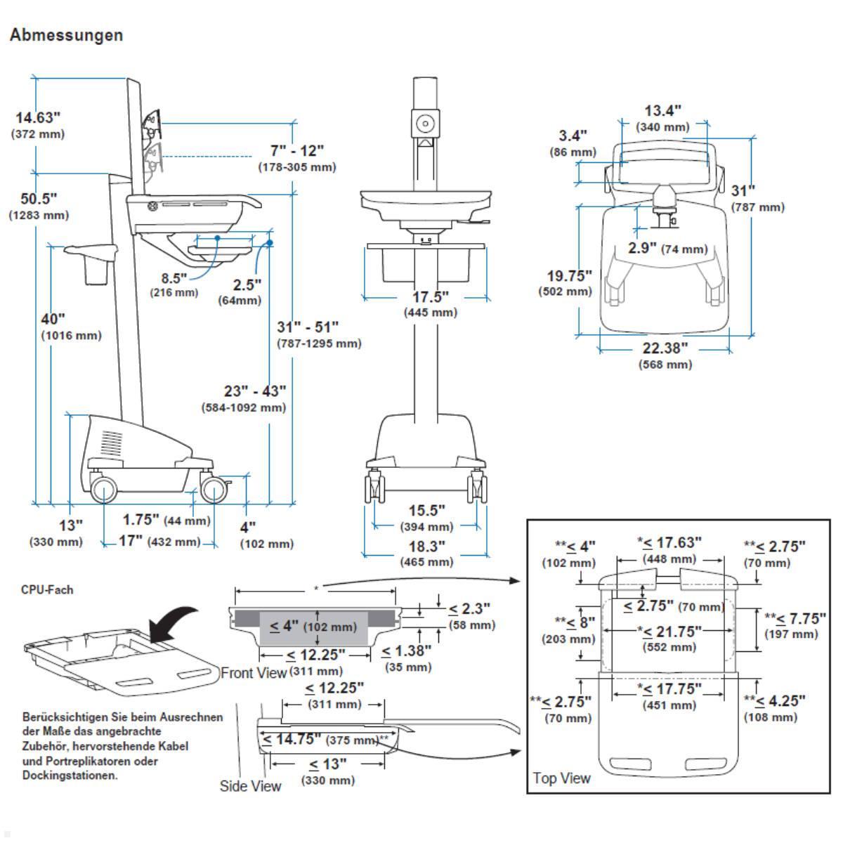 Ergotron StyleView mobiler Arbeitsplatz mit Monitorhalter Akku EU, Skizze Ergotron StyleView mobiler Arbeitsplatz mit Monitorhalter Akku EU, Skizze