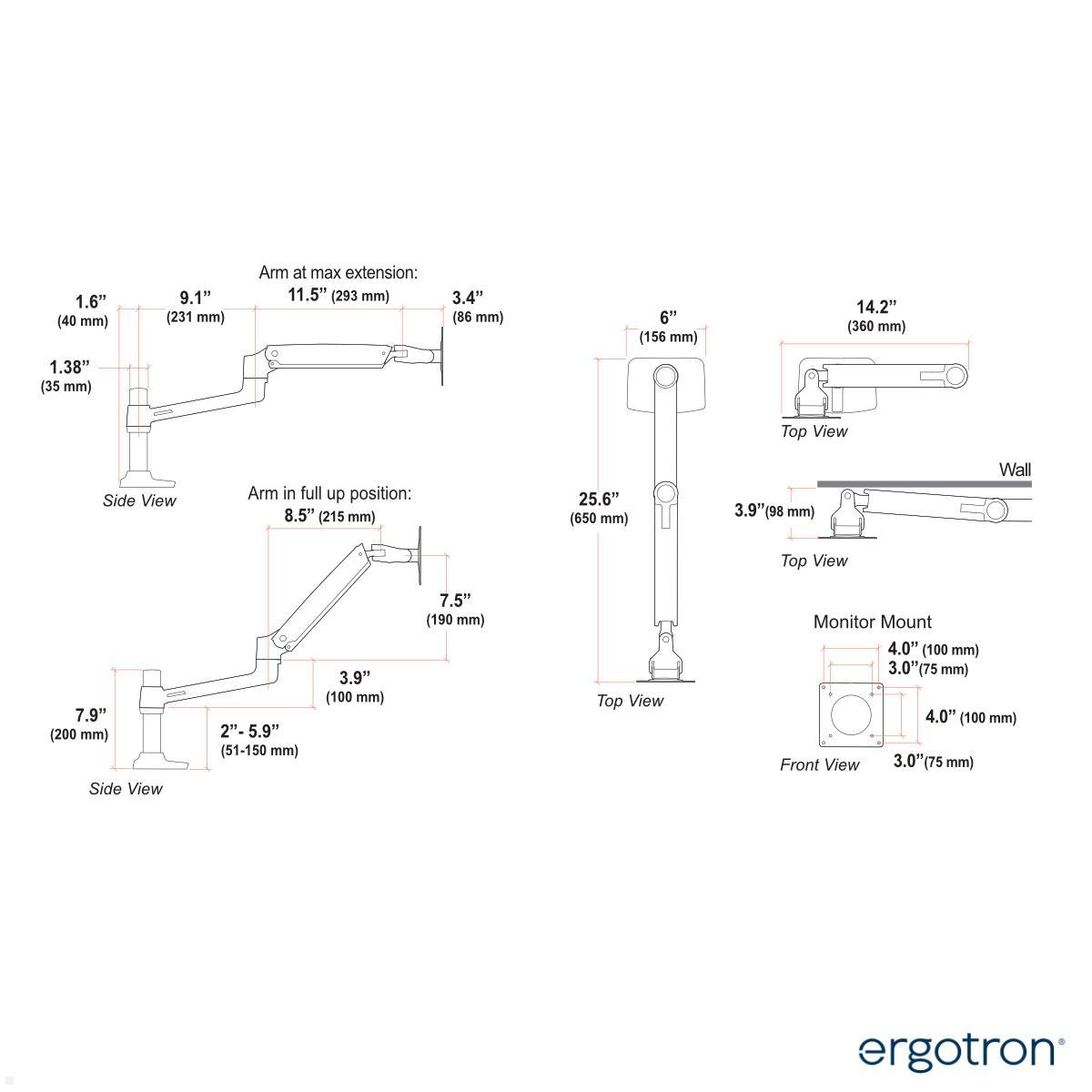 Ergotron LX Laptop Tischhalterung schwenkbar (45-241-524), schwarz technische Zeichnung Schwenkarm Ergotron LX Laptop Tischhalterung schwenkbar (45-241-524), schwarz technische Zeichnung Schwenkarm