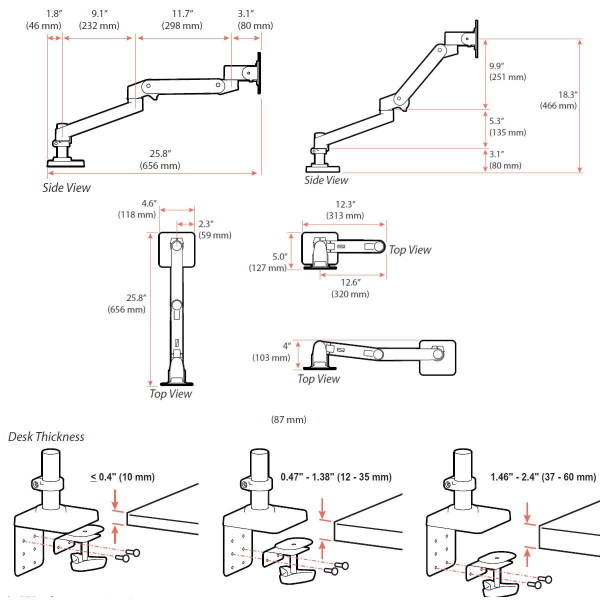 Ergotron LX Pro Monitor Tischhalterung schwenkbar bis 34", weiß (45-682-290) Maße
