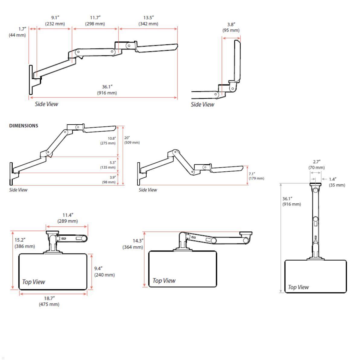 Ergotron LX Pro System Wandarbeitsplatz (45-696-293) bis 34 Zoll, Maße