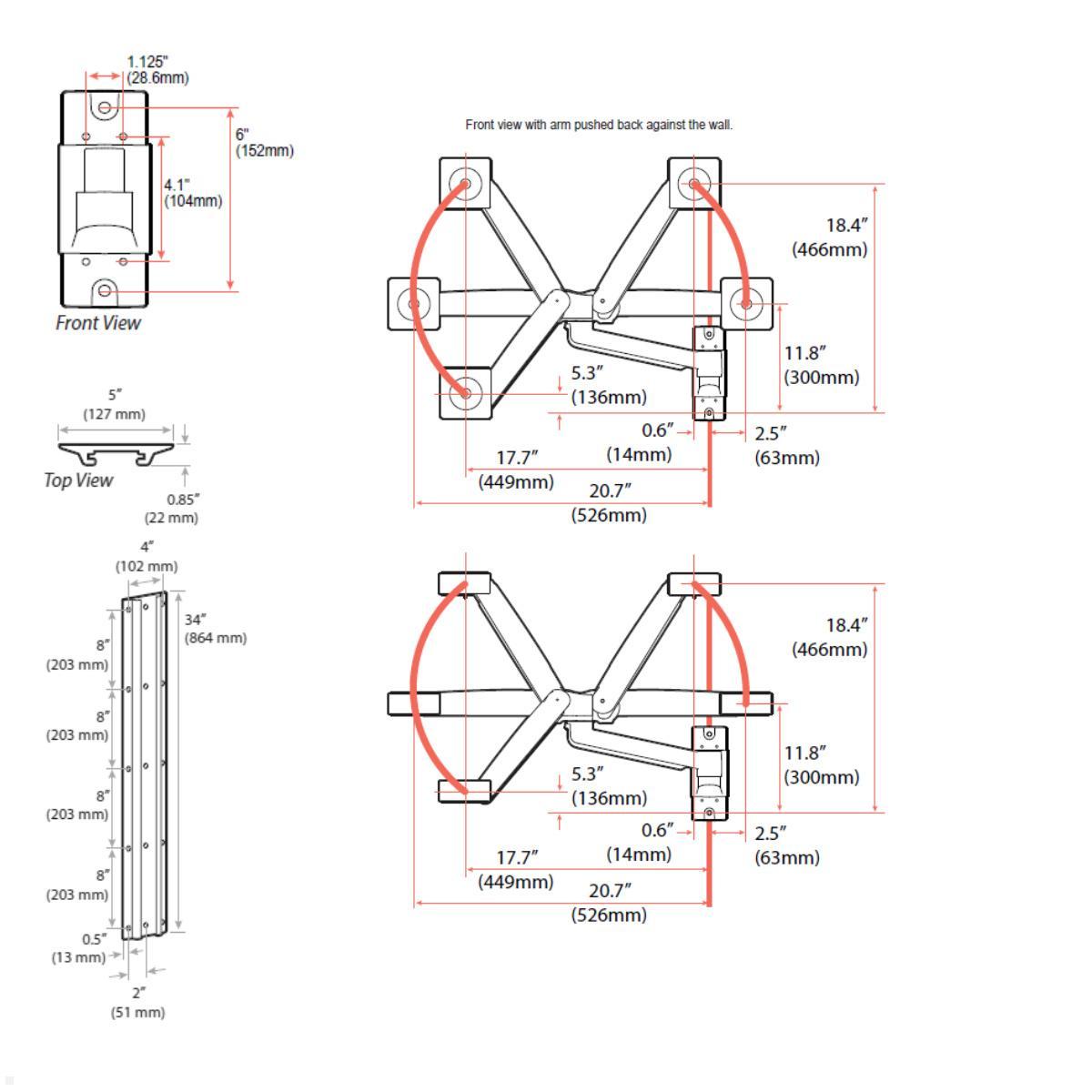 Ergotron LX Pro System Wandarbeitsplatz (45-696-293) bis 34 Zoll, Maße Ergotron LX Pro System Wandarbeitsplatz (45-696-293) bis 34 Zoll, Maße