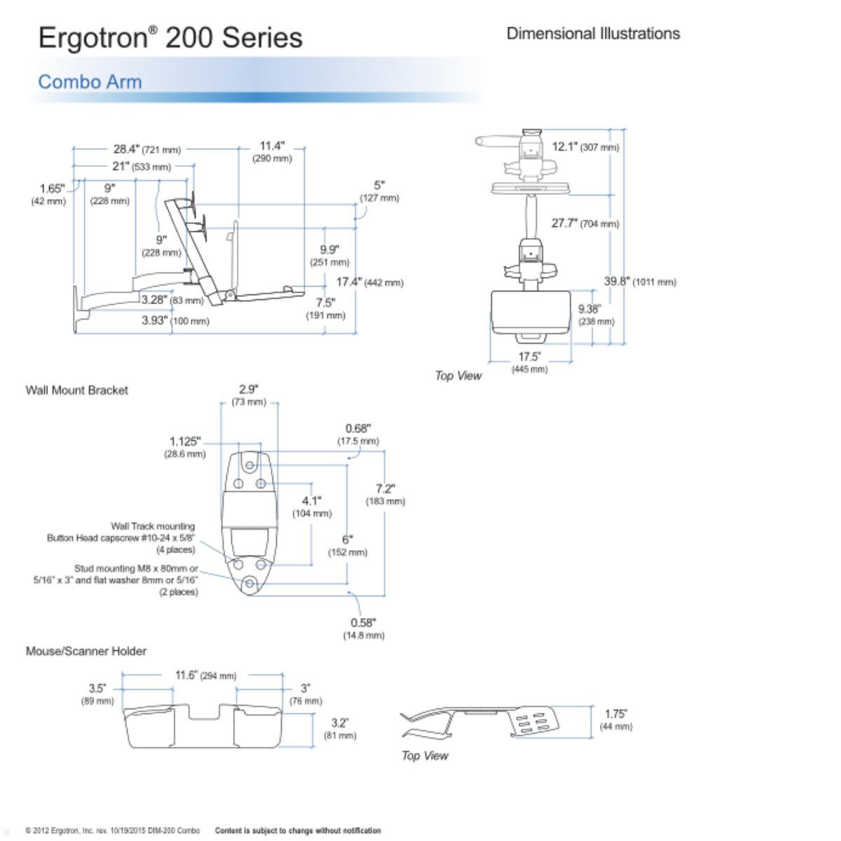 Ergotron Serie 200 Combo schwenkbarer Monitor Wandhalter mit Tastaturablage (45-230-216), weiß technische Zeichnung Ergotron Serie 200 Combo schwenkbarer Monitor Wandhalter mit Tastaturablage (45-230-216), weiß technische Zeichnung