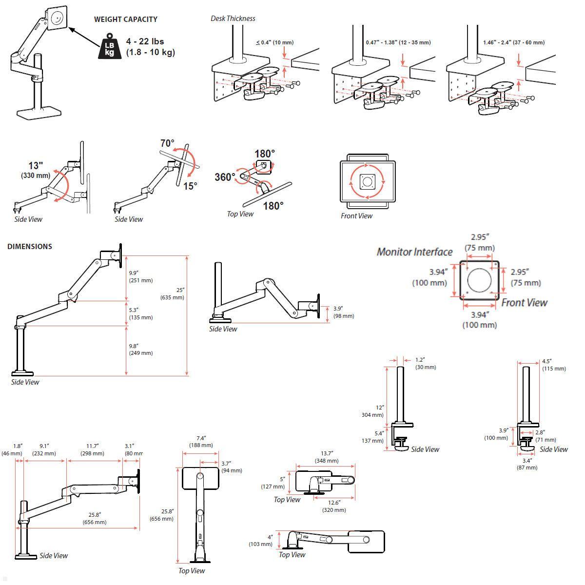 Ergotron LX Pro Monitor Tischhalterung mit hoher Säule (45-695-292), Maße Ergotron LX Pro Monitor Tischhalterung mit hoher Säule (45-695-292), Maße