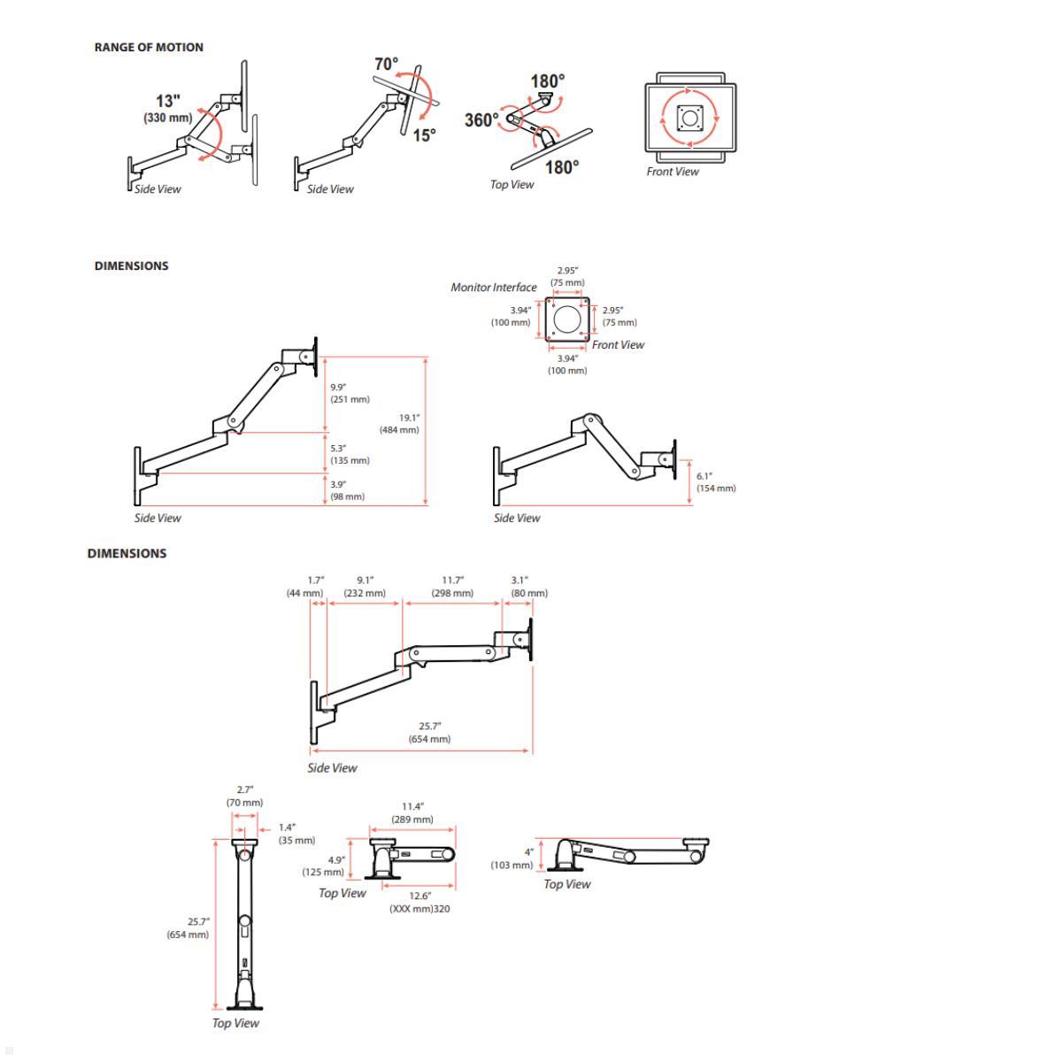 Ergotron LX Pro Notebook/Laptop Wandhalterung schwenkbar, Maße