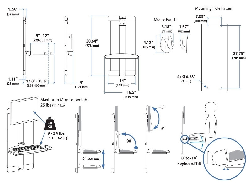 Ergotron StyleView Vertical Lift TV Wandhalterung (60-593-195) Zeichnung Ergotron StyleView Vertical Lift TV Wandhalterung (60-593-195) Zeichnung