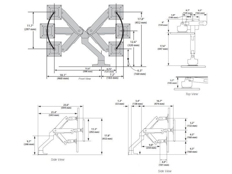 Ergotron HX Arm Monitor Tischhalterung für USM Tische (46-476-217) Maße Ergotron HX Arm Monitor Tischhalterung für USM Tische (46-476-217) Maße