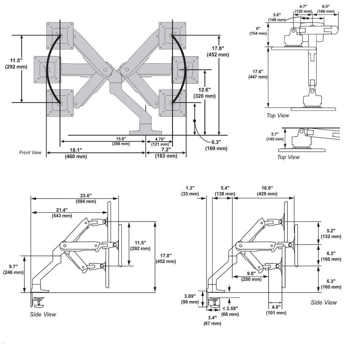 Ergotron HX Monitor Tischhalterung mit HD Gelenk, schwarz (45-647-224), technische Zeichnung Ergotron HX Monitor Tischhalterung mit HD Gelenk, schwarz (45-647-224), technische Zeichnung