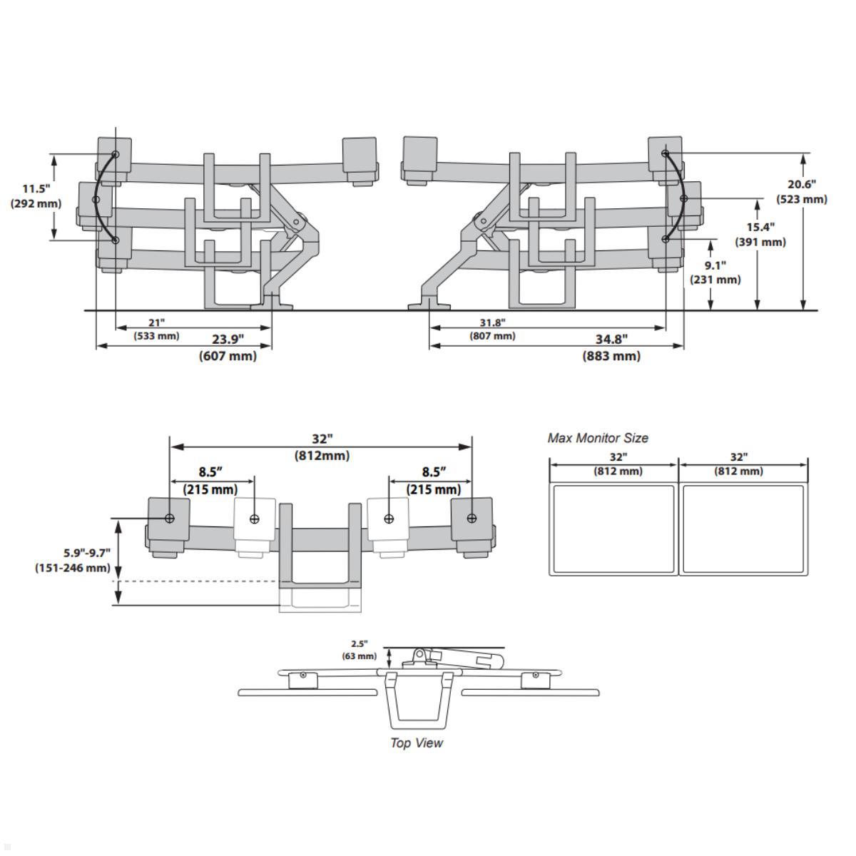 Ergotron HX Dual Monitorhalterung für 2 Monitore mit C-Klemme (45-521-216) Maße Ergotron HX Dual Monitorhalterung für 2 Monitore mit C-Klemme (45-521-216) Maße