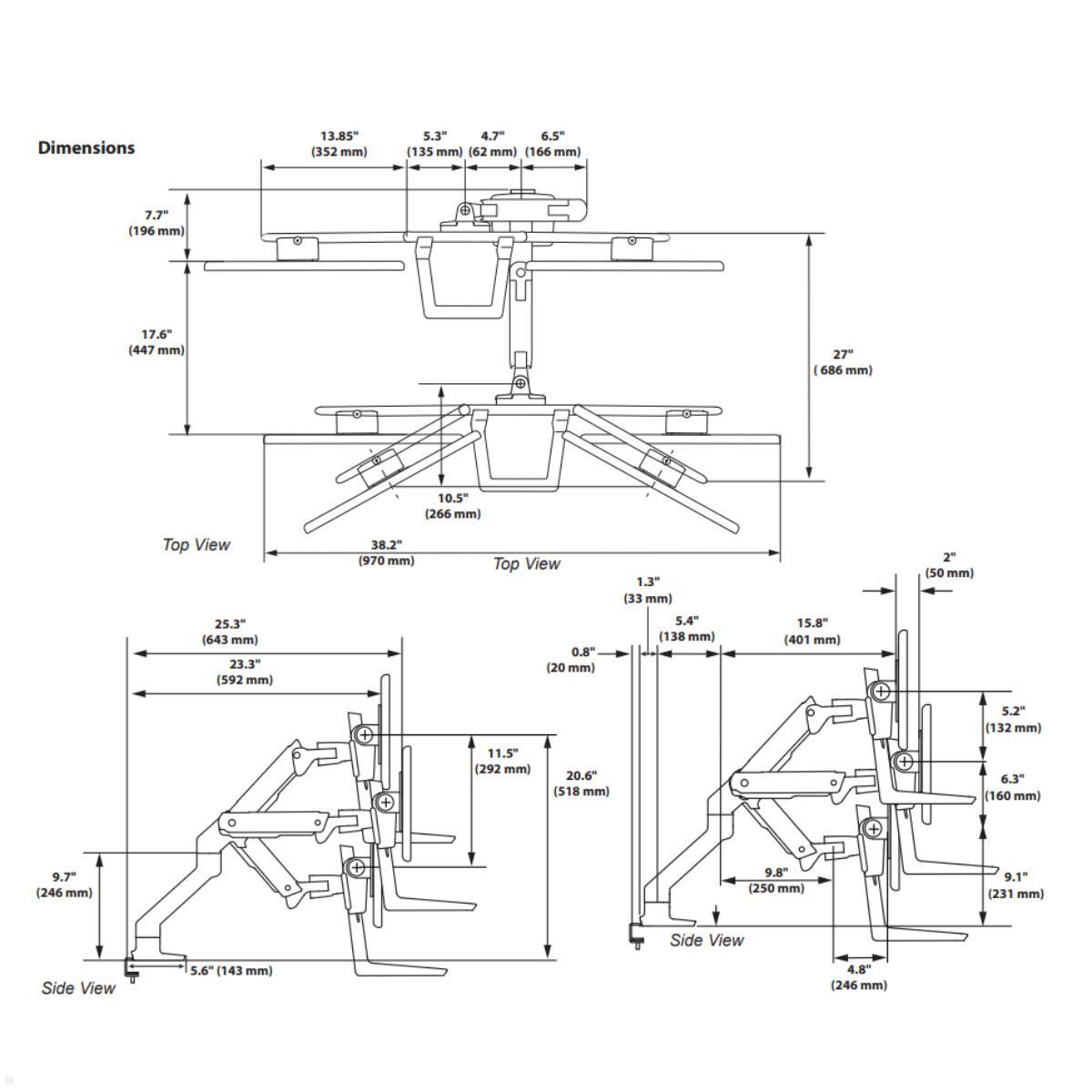 Ergotron HX Dual Monitorhalterung für 2 Monitore mit C-Klemme (45-521-216) Maße Ergotron HX Dual Monitorhalterung für 2 Monitore mit C-Klemme (45-521-216) Maße