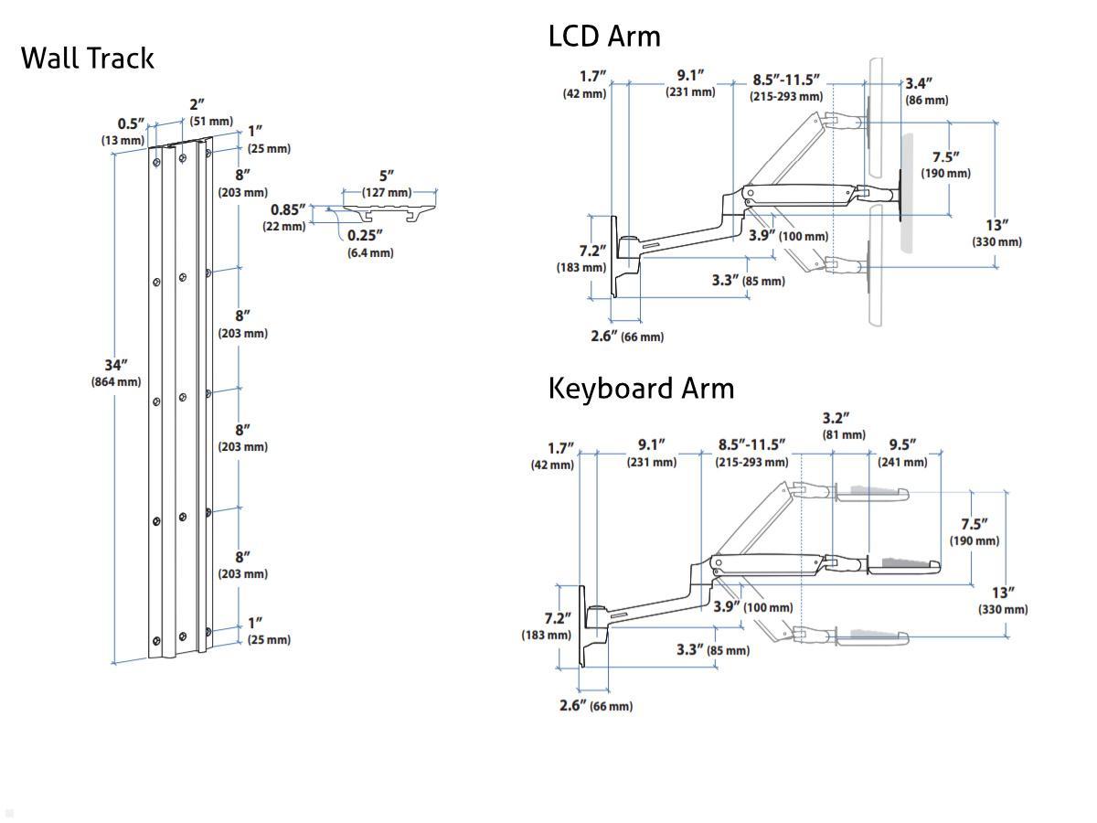 Monitor Wandhalterung, Ergotron LX 45-551-216, schwenkbar, Technische Zeichnung Monitor Wandhalterung, Ergotron LX 45-551-216, schwenkbar, Technische Zeichnung