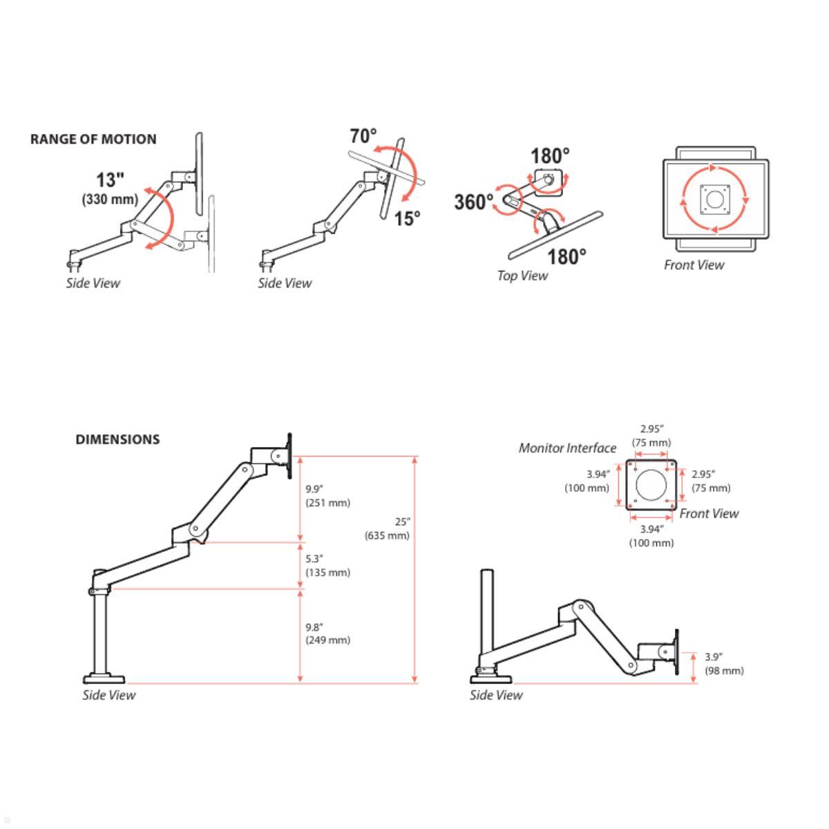 Ergotron LX Pro dual Monitor Tischhalterung mit C-Klemme, hohe Säule Zeichnung mit Maßen