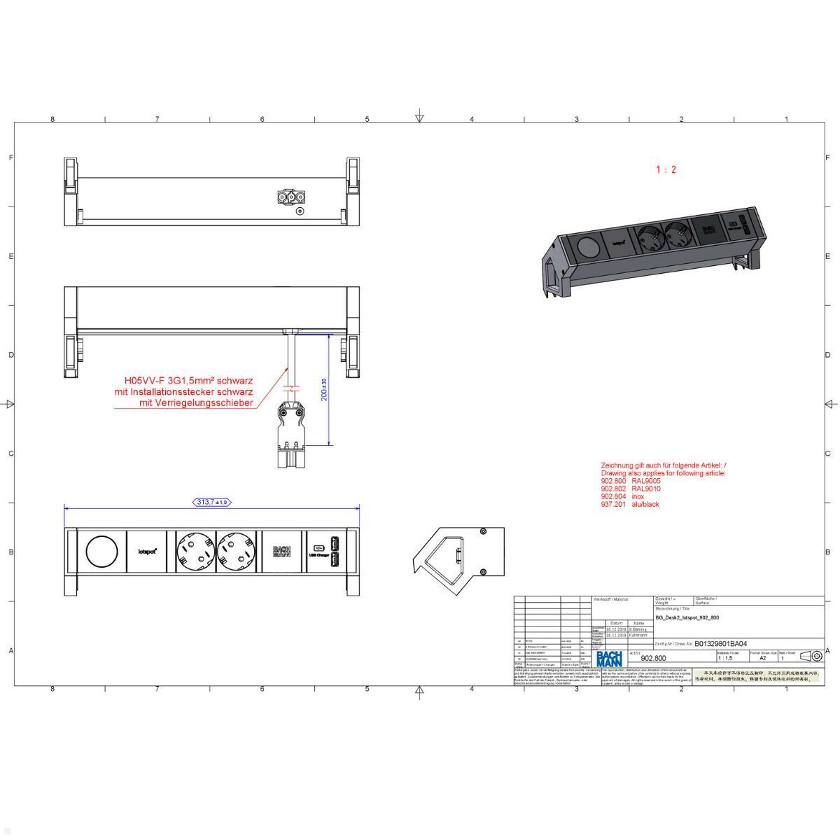 Bachmann Desk 2 - 2x Steckdose mit iotspot, USB-Charger A/A, Maße