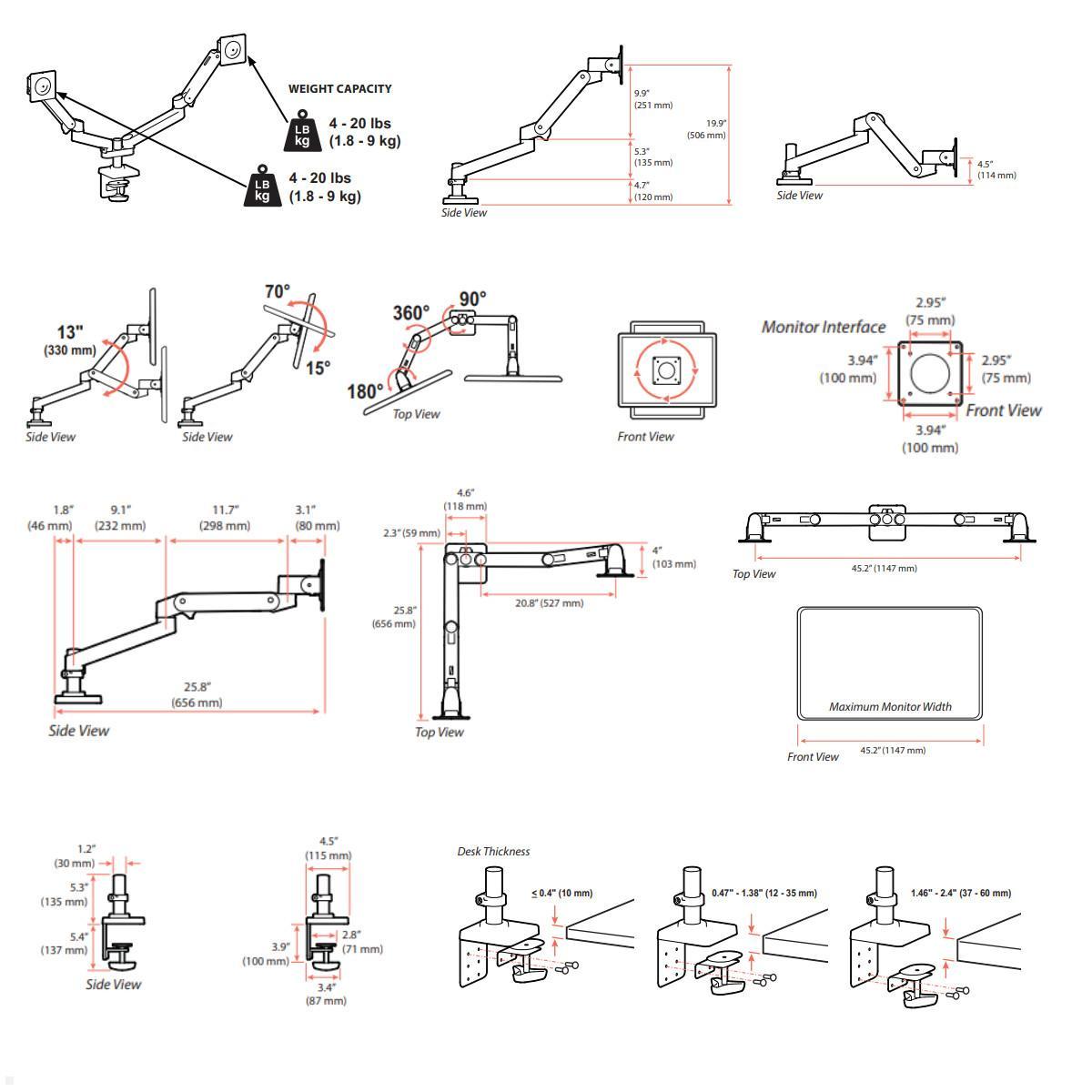 Ergotron LX Pro Dual Monitorhalter bis 27 Zoll side by side (45-686-293), grau, Zeichnung