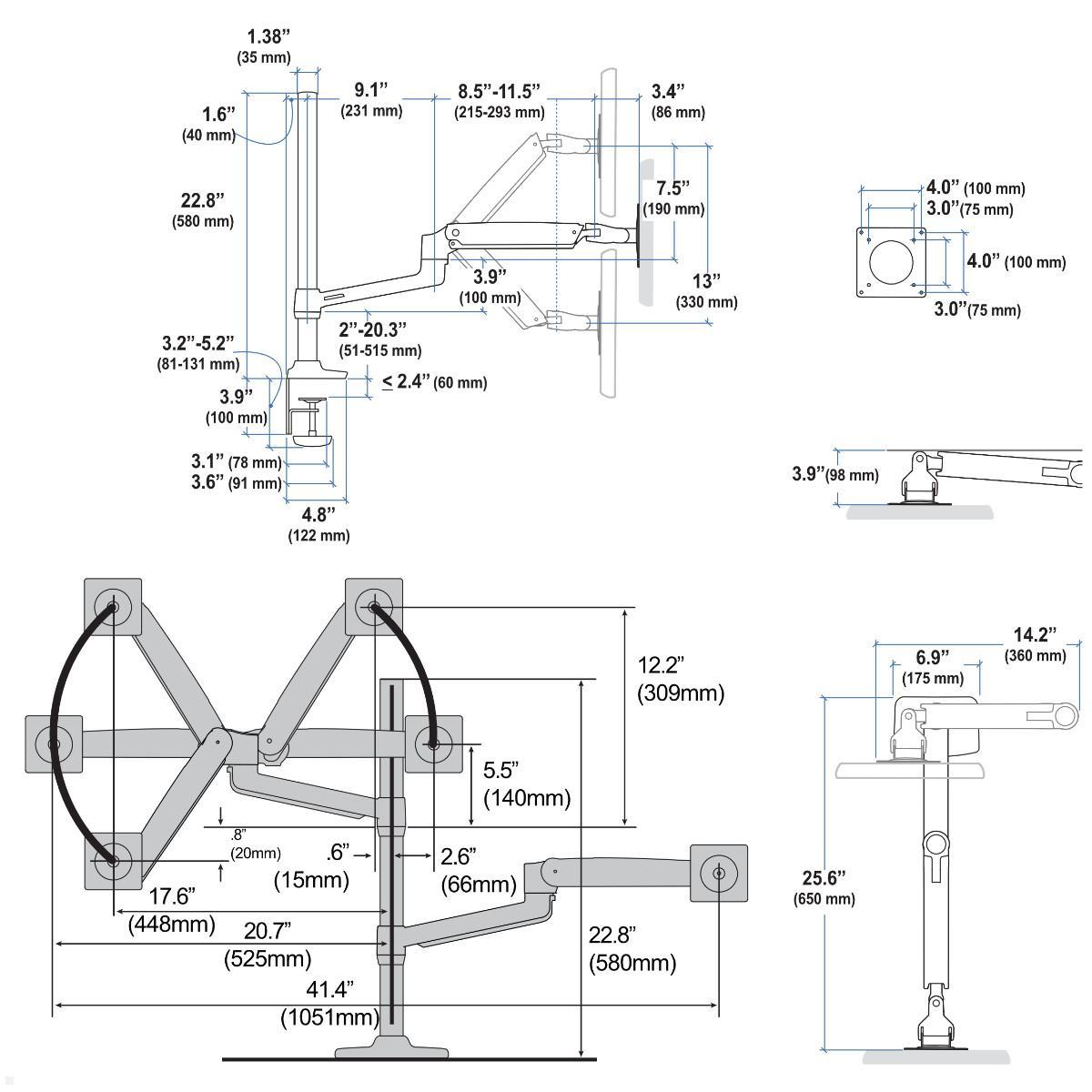 Ergotron LX Dual Monitor Tischhalterung 40 Zoll, silber (45-549-026), technische Zeichnung Ergotron LX Dual Monitor Tischhalterung 40 Zoll, silber (45-549-026), technische Zeichnung