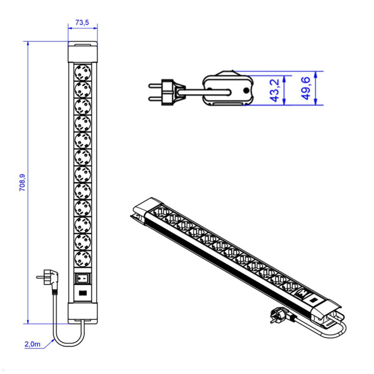 Bachmann CONNECTUS 12x Steckdose, 1x Schalter, 2m Zuleitung (BM005901), Maße