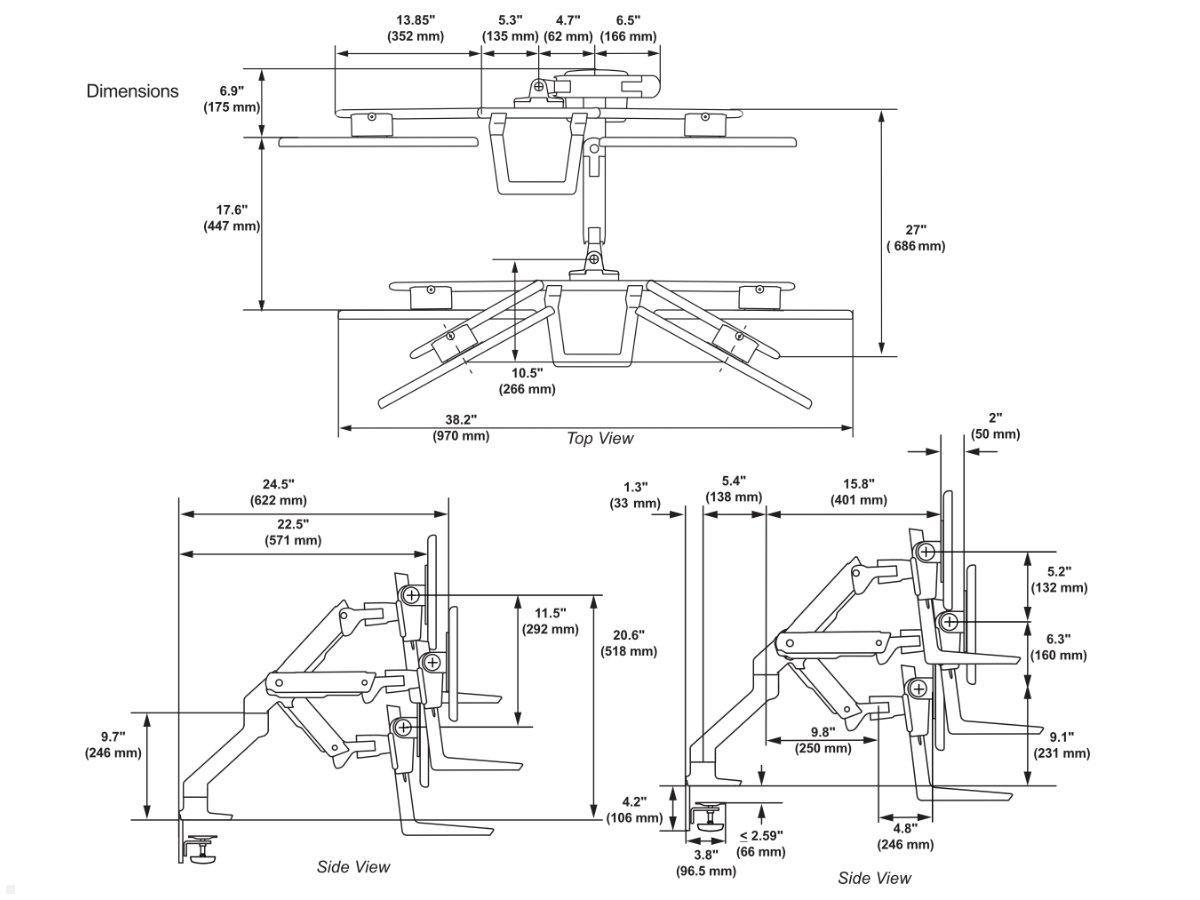 Ergotron HX Arm Dual Monitor Tischhalterung, schwarz (45-476-224), technische Zeichnung Ergotron HX Arm Dual Monitor Tischhalterung, schwarz (45-476-224), technische Zeichnung